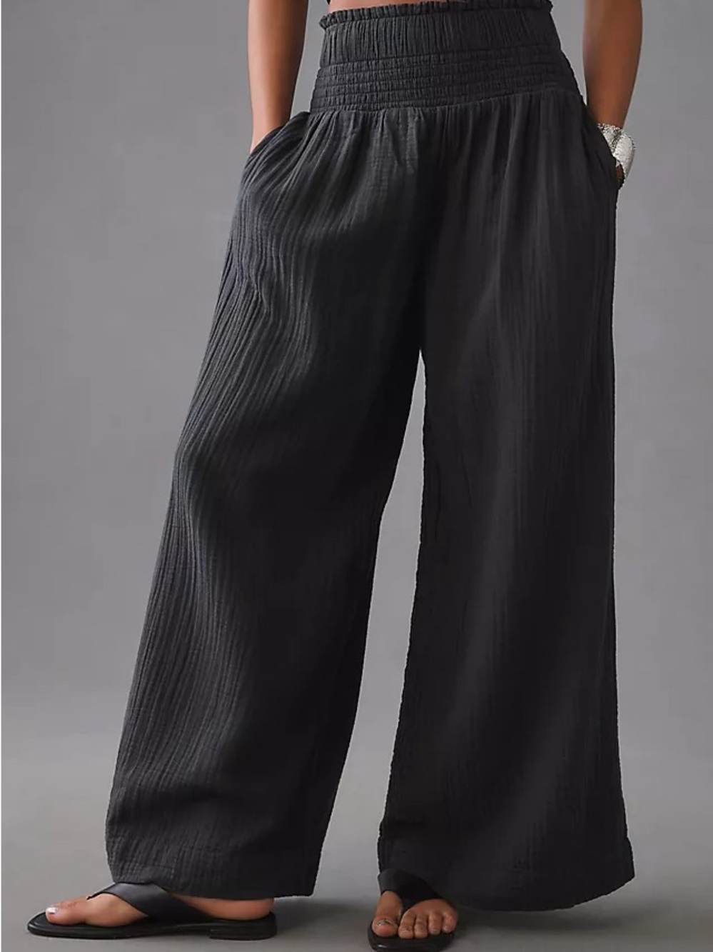 Anthropologie Black Wide-Leg Smocked Waist Pants
